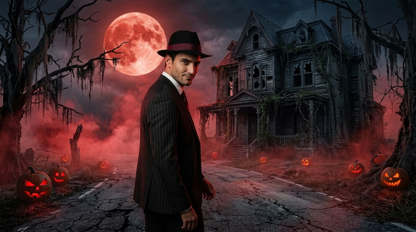 Scary Harry in a pinstripe suit and fedora on a cracked road at night, red moon and a derelict haunted house behind him - Save a Stamp: Hell-O-Ween Edition 2026