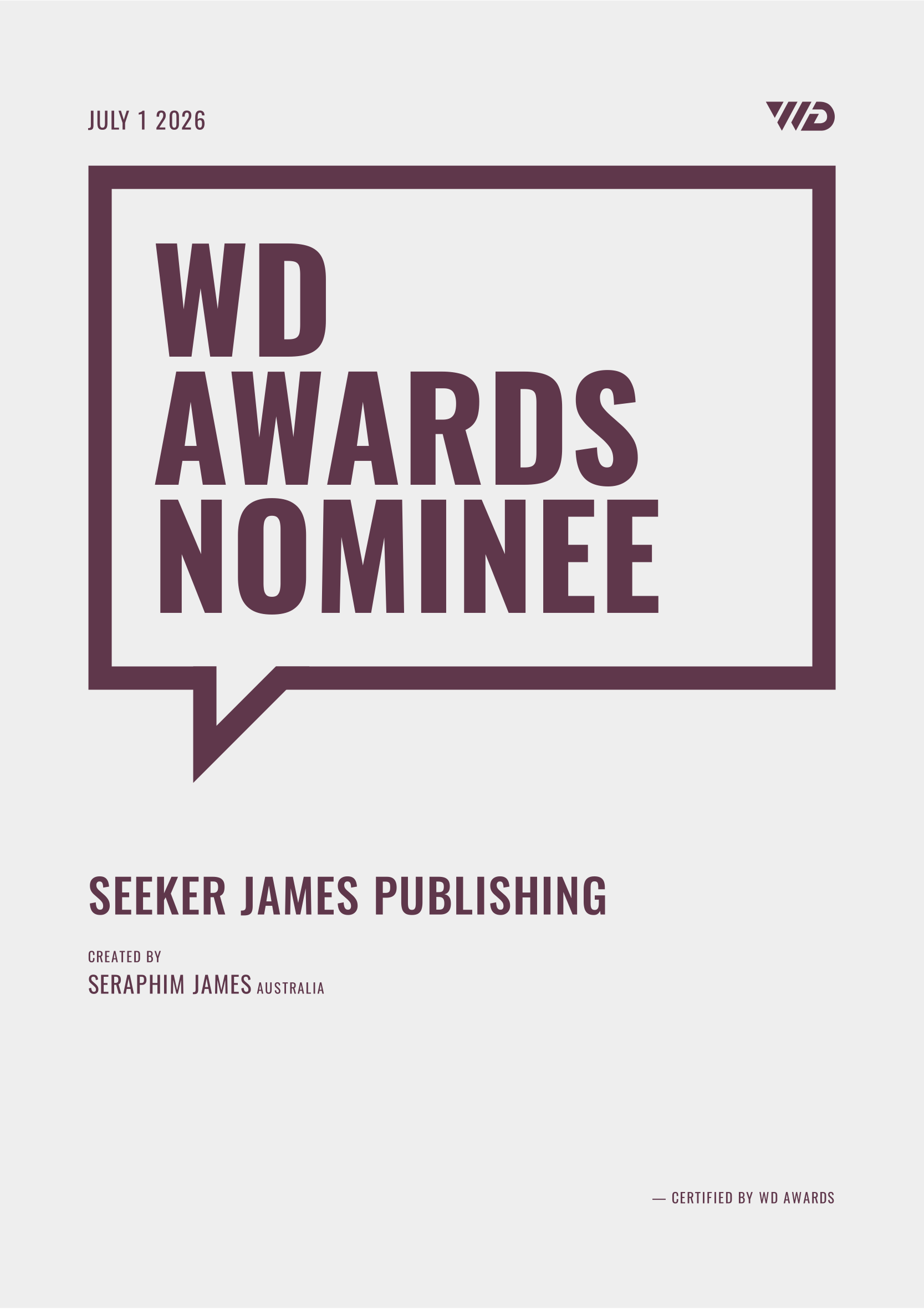 WD Awards Nominee 2026 — Seeker James Publishing, designed by Seraphim James